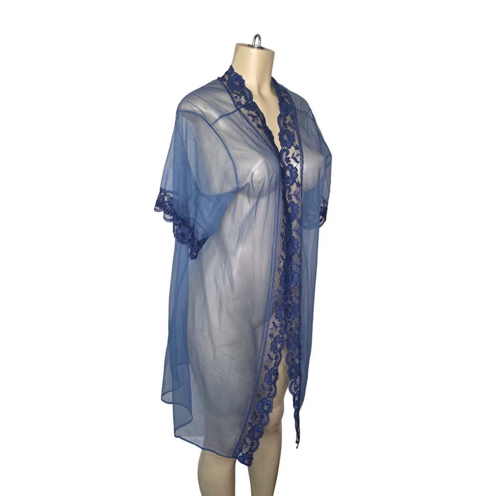 VTG 80s Coquette Robe Women Blue Sheer Mesh Lace Trim Open Short Sleeve Lingerie
